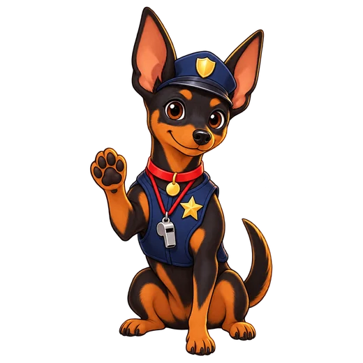 Rocko on guard duty, in a safety cap and vest with a whistle and badge, waving hello